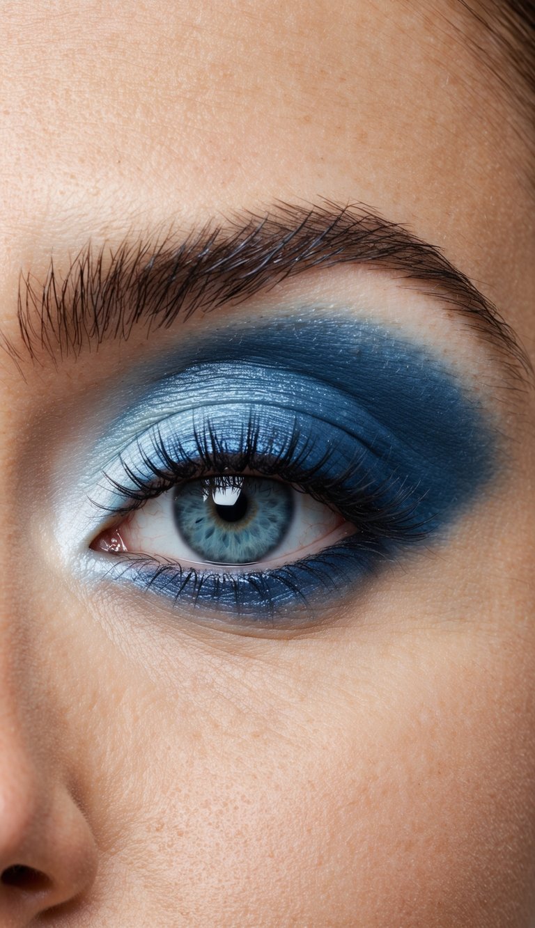 Close-up of an eye with striking blue eyeshadow and defined eyelashes.