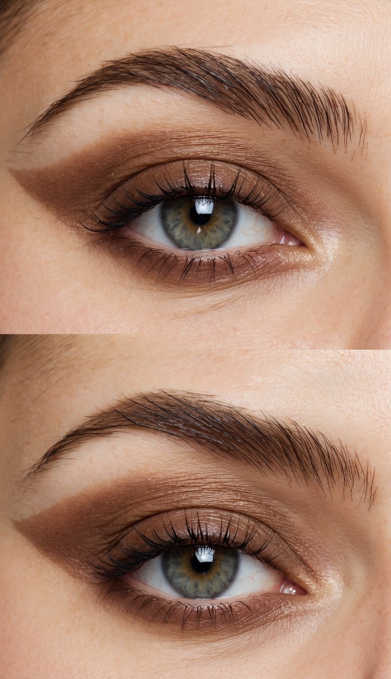 A close-up view of an eye with a creamy matte brown eyeshadow applied to the lower lash line, creating a soft and elegant everyday makeup look