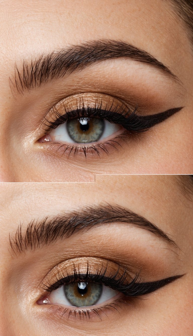 A close-up of a bronze lash line smudge with soft brown eye makeup, creating a look of everyday elegance