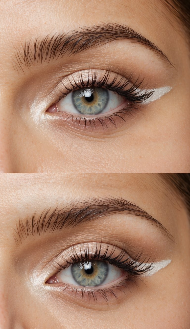 A close-up of an eye with a cream pearl shimmer on the waterline, surrounded by soft, luminous eye makeup designs