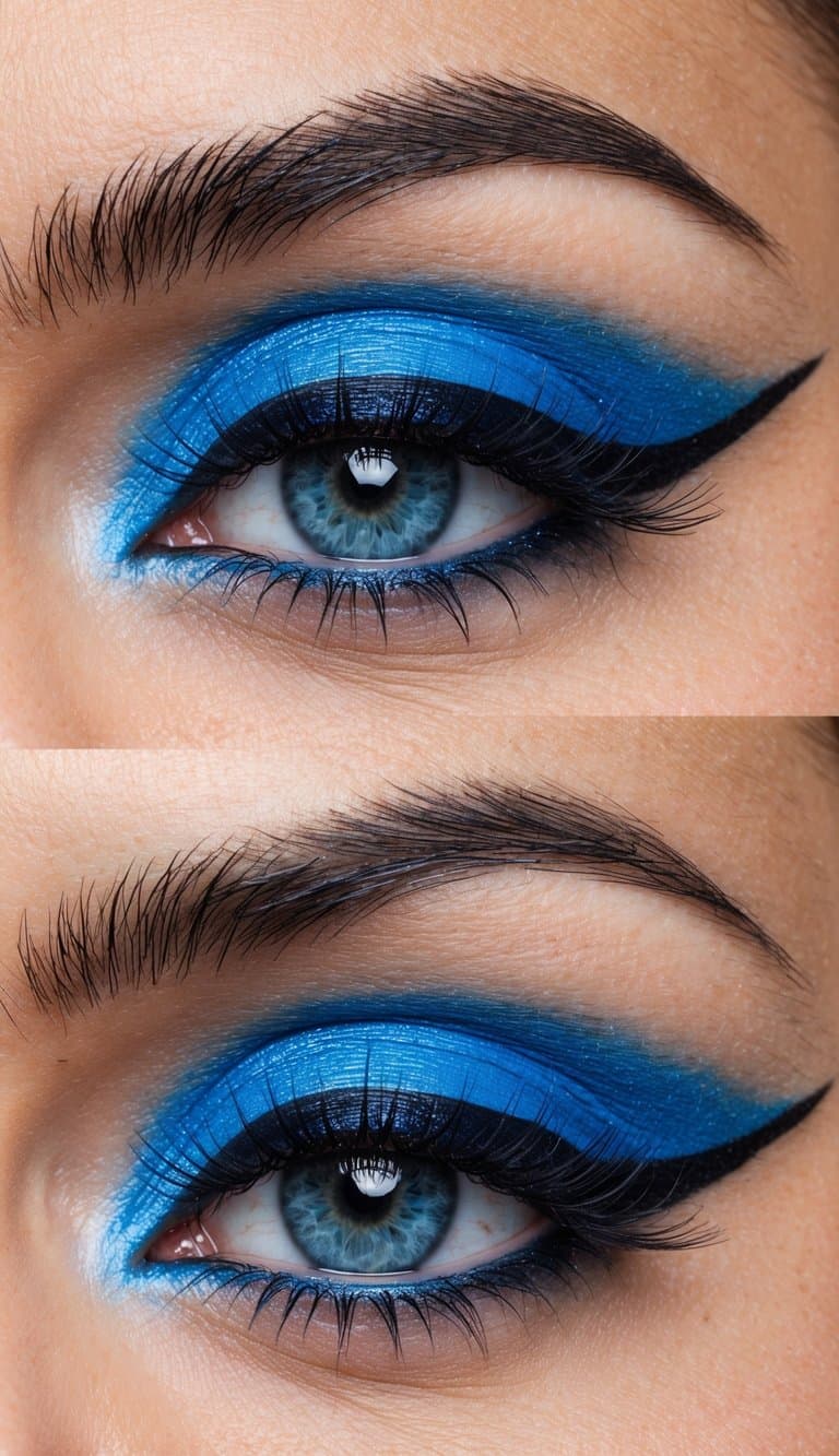 A blue smokey eye with thin cat eyeliner, showcasing bold and cool beauty