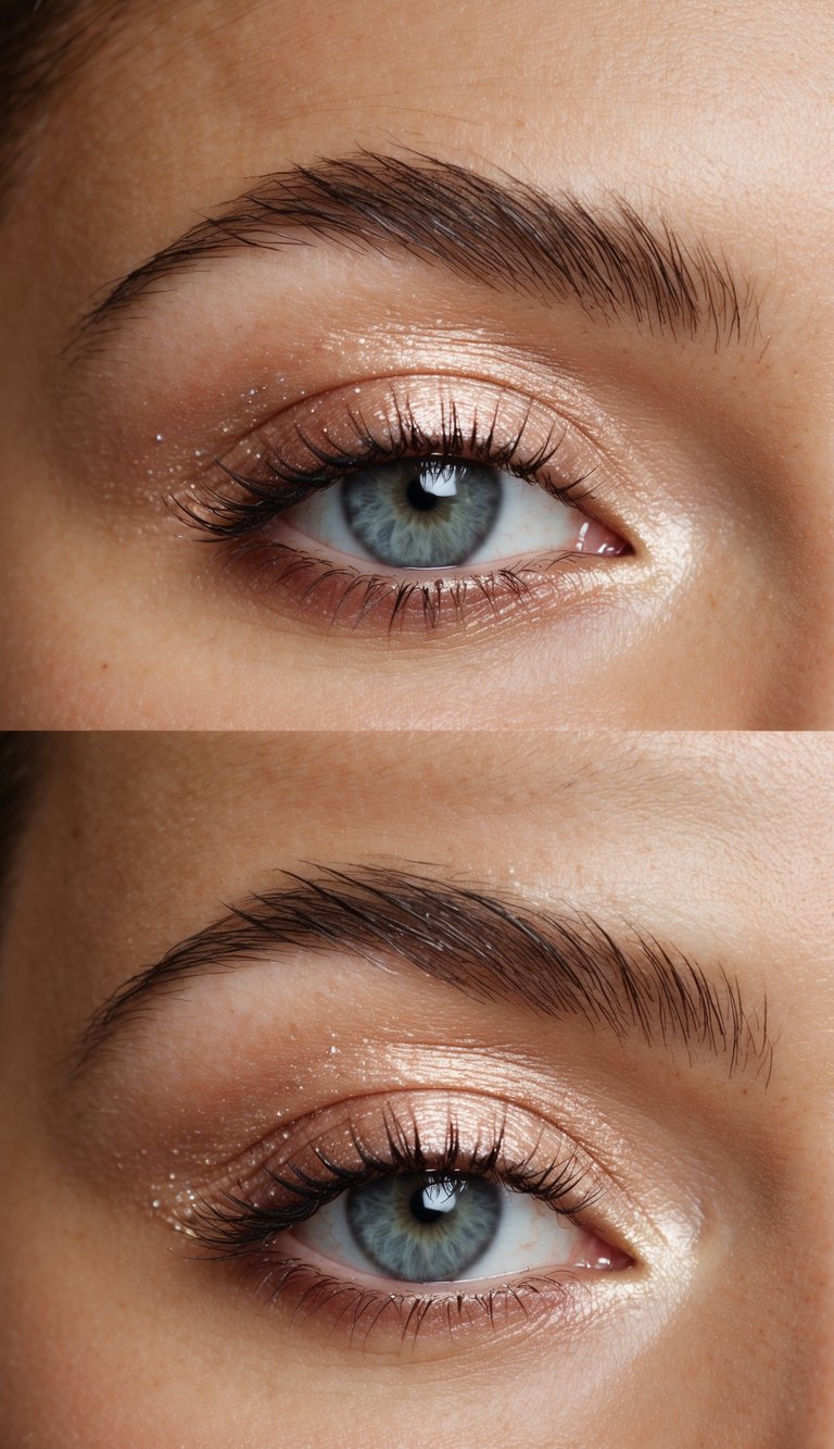 A soft, luminous pearl rose gold eye makeup design glowing delicately