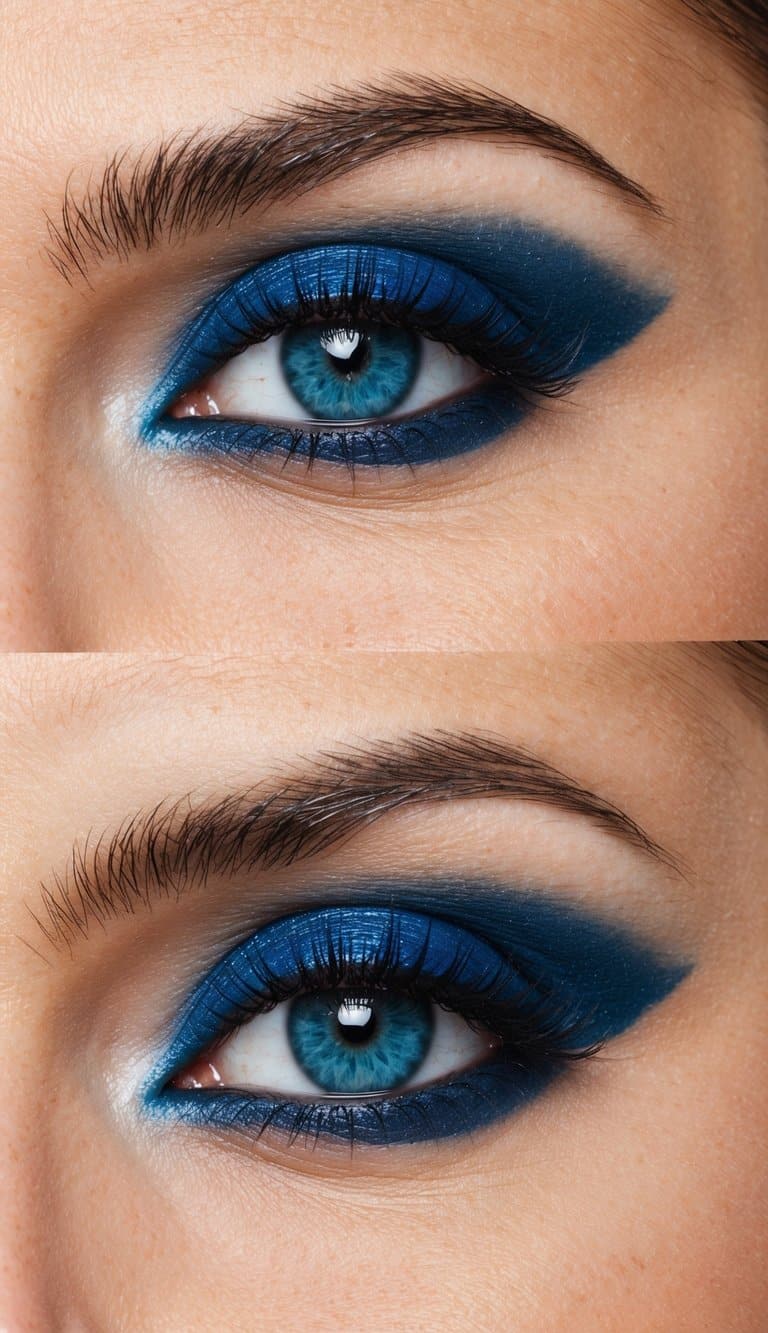 A close-up of a blue smokey eye with peach blush, bold and striking