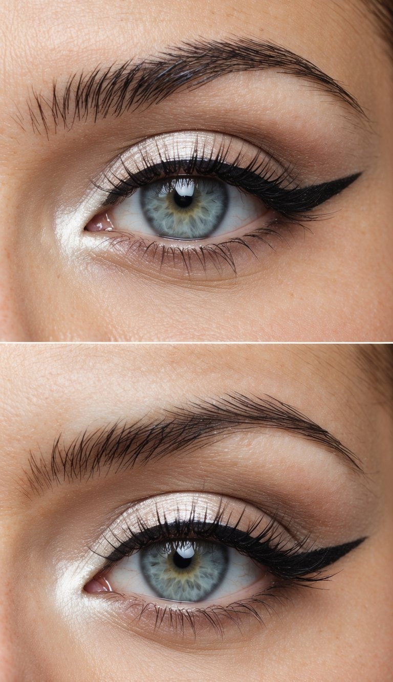 Close-up of a person’s eye with light blue iris, well-defined eyebrows, and makeup featuring shimmering eyeshadow and black eyeliner with a winged effect.