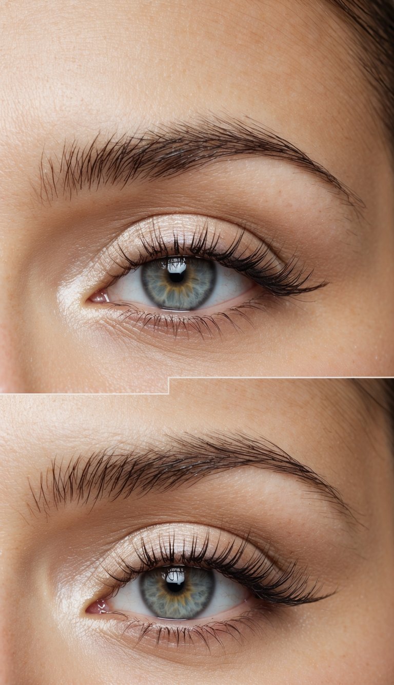 A single eye with a minimalist pearl halo makeup look, creating a soft and luminous finish