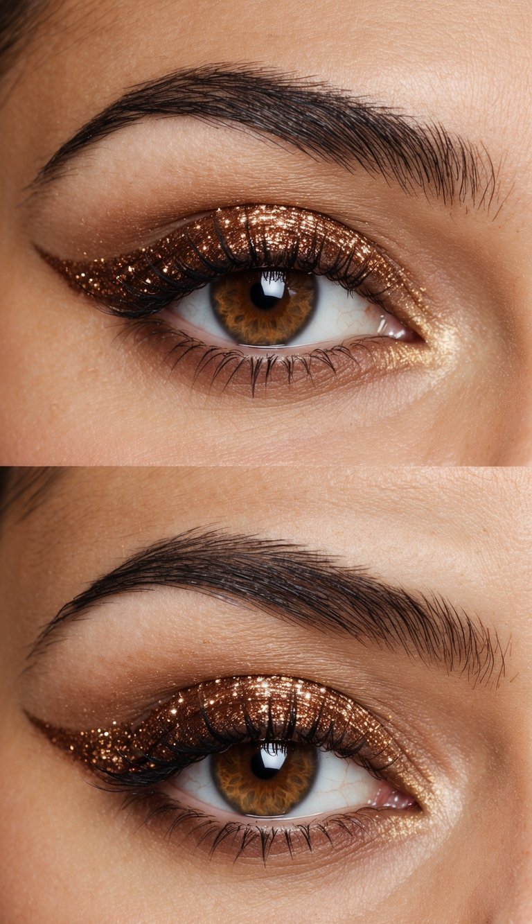 A close-up of an eye with soft brown eyeshadow accented with warm bronze glitter