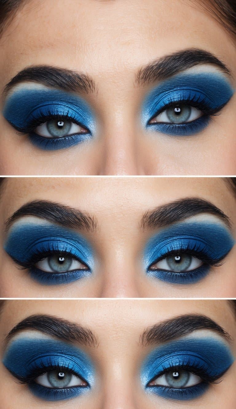 A close-up of a blue smokey eye makeup look using Maybelline Color Tattoo 50, with bold and cool tones