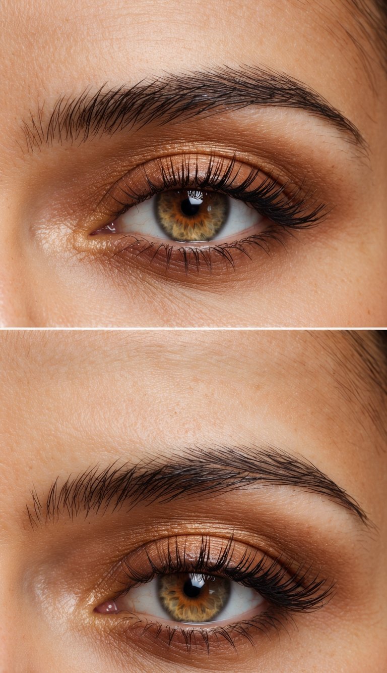 A soft amber glow illuminates the center lid, surrounded by warm, soft brown eye makeup for everyday elegance