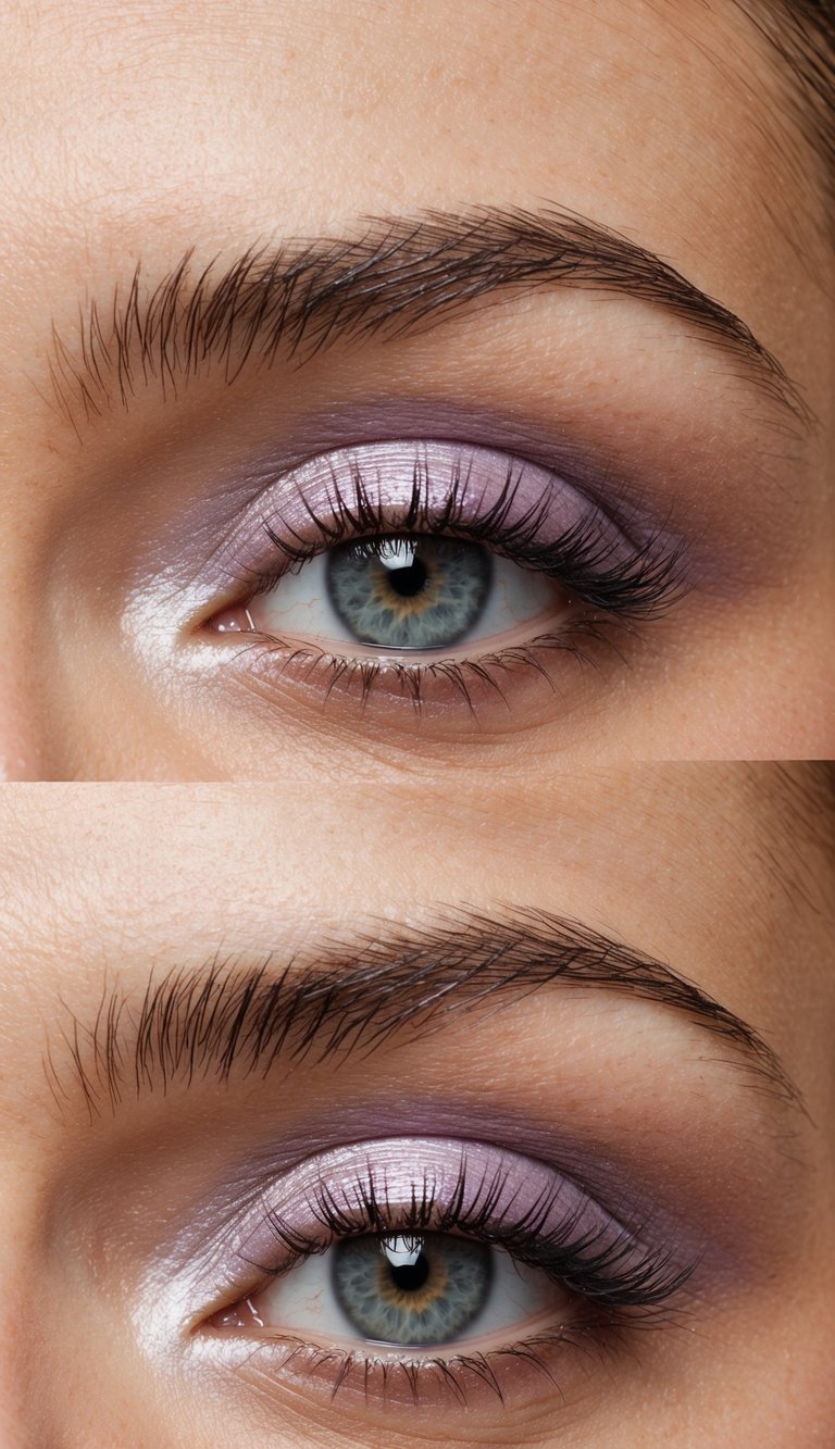 A close-up view of an eye with a soft, luminous pearl lavender inner highlight