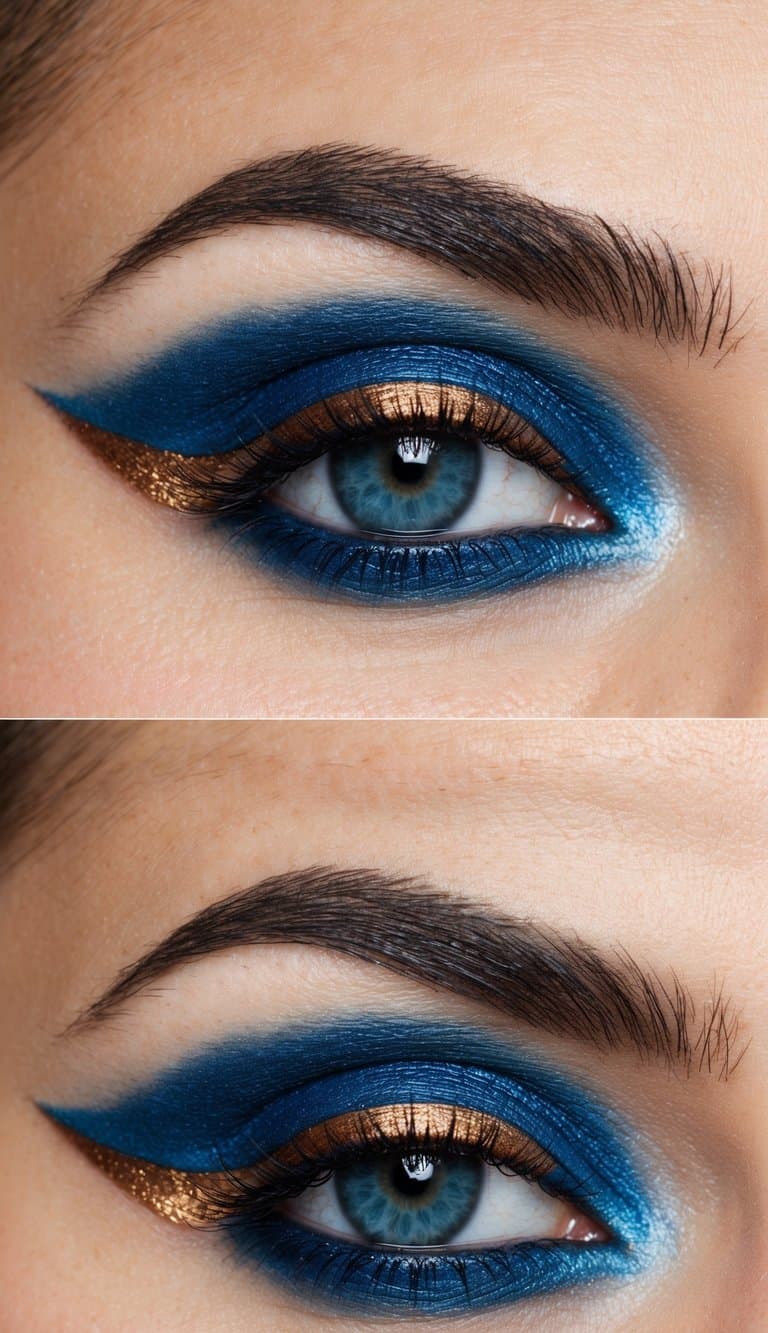 A blue smokey eye with a bronze outer corner, bold and cool