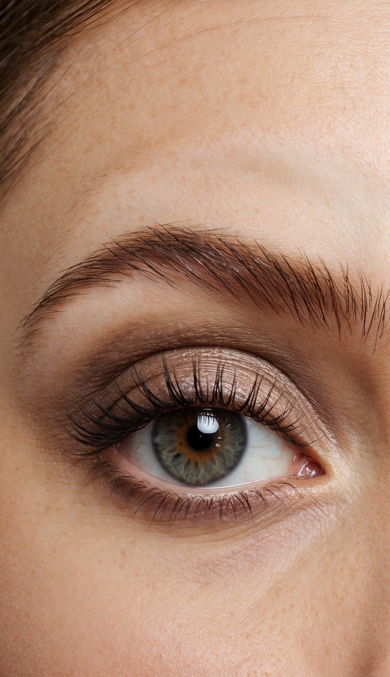 A close-up of an eye with soft brown eyeshadow, featuring subtle mushroom grey undertones for an everyday elegant look