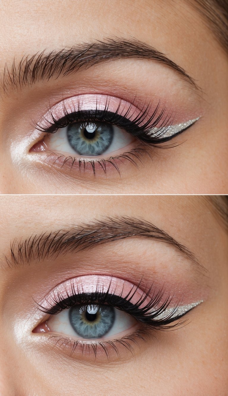 A close-up of a shimmering pearl pink winged eyeliner design with soft, luminous eye makeup