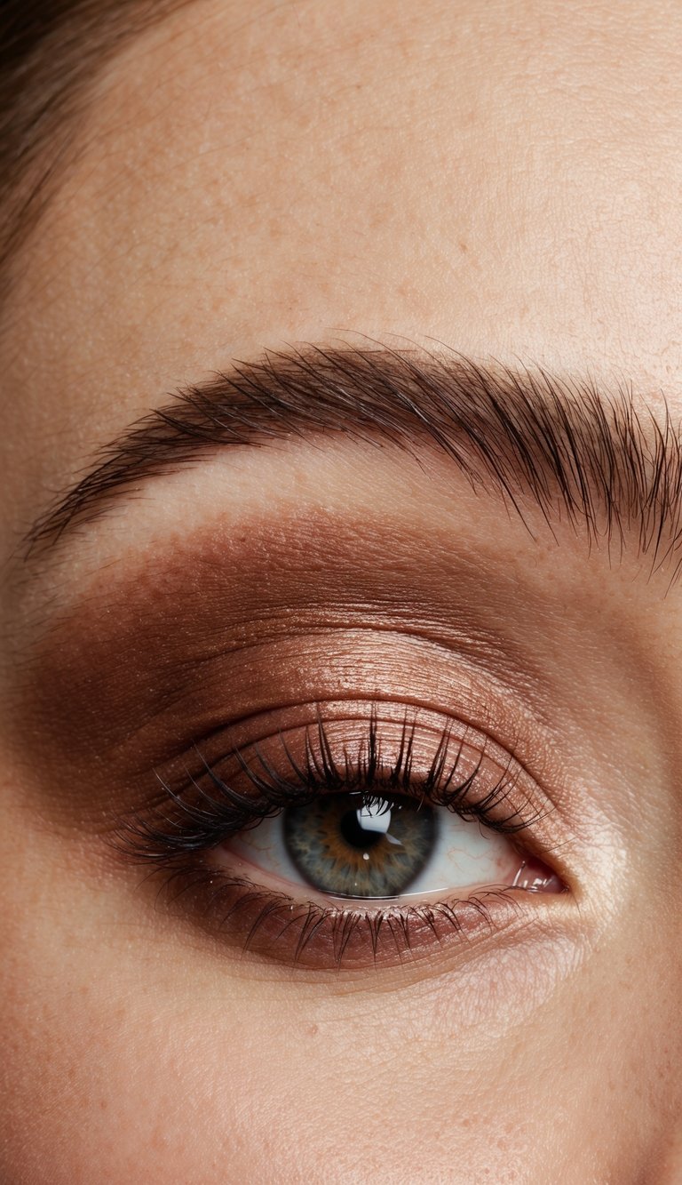 Soft brown and dusty rose eye shadows blended together in a graceful and elegant makeup look
