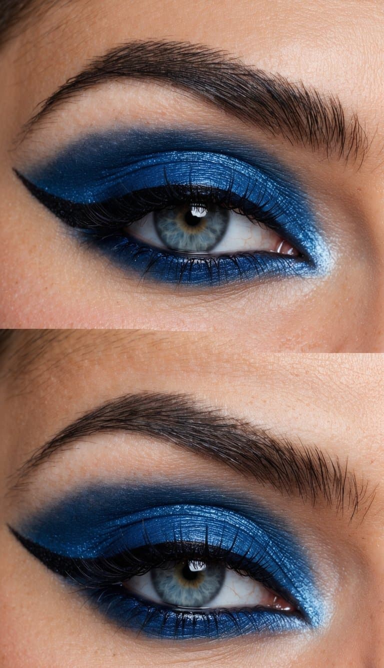 A close-up of a blue smokey eye makeup look with gel liner