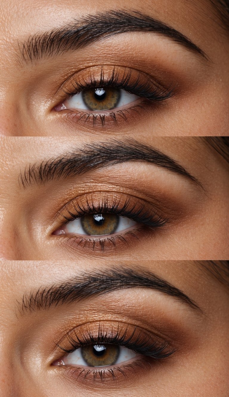 A close-up of an eye with warm caramel matte eyeshadow blended in soft brown hues, creating an elegant everyday makeup look