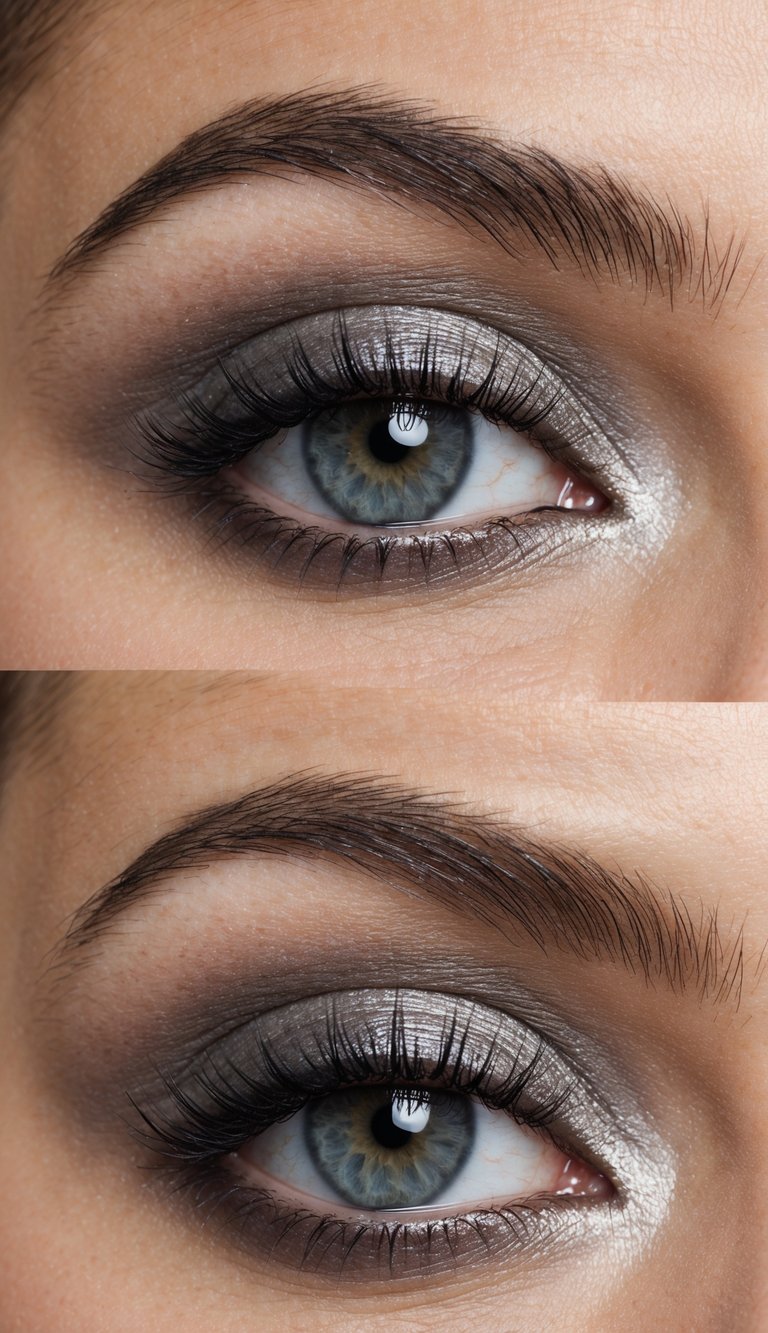 Soft, luminous pearl gray eye makeup in a smoky blended finish