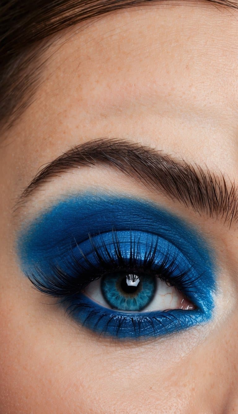 A bold blue smokey eye with thick lashes, creating a striking and dramatic makeup look