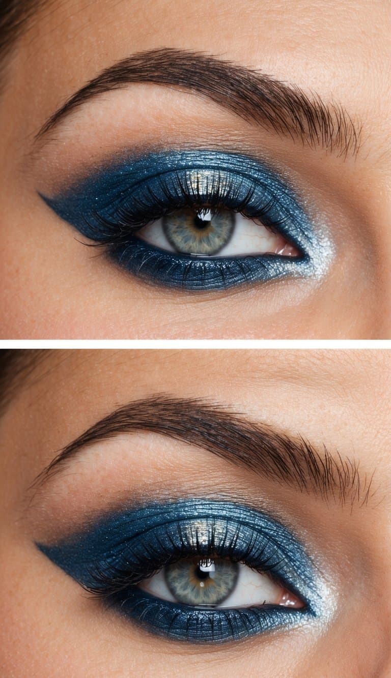 A shimmery blue smokey eye with a champagne highlight