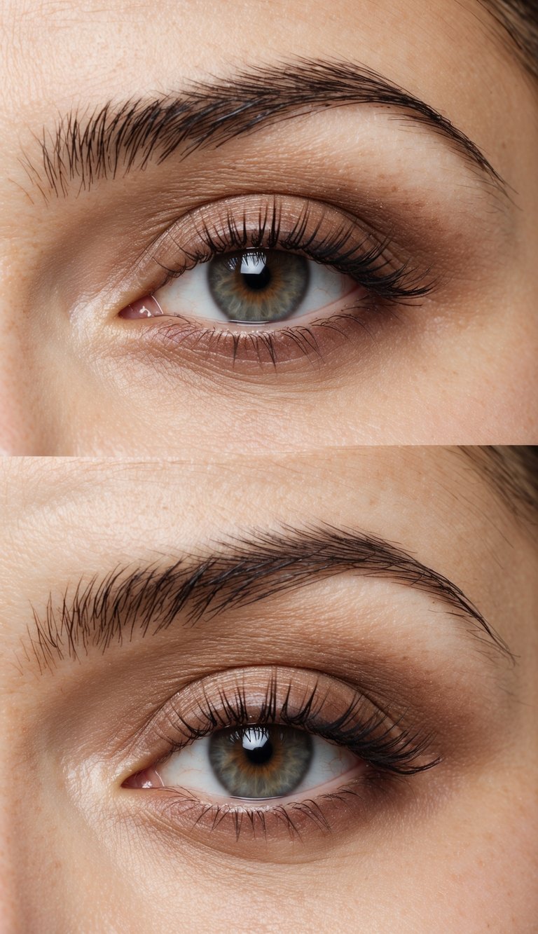 A close-up of an eye with soft brown eyeshadow in muted taupe and peach tones, creating an elegant and understated everyday look
