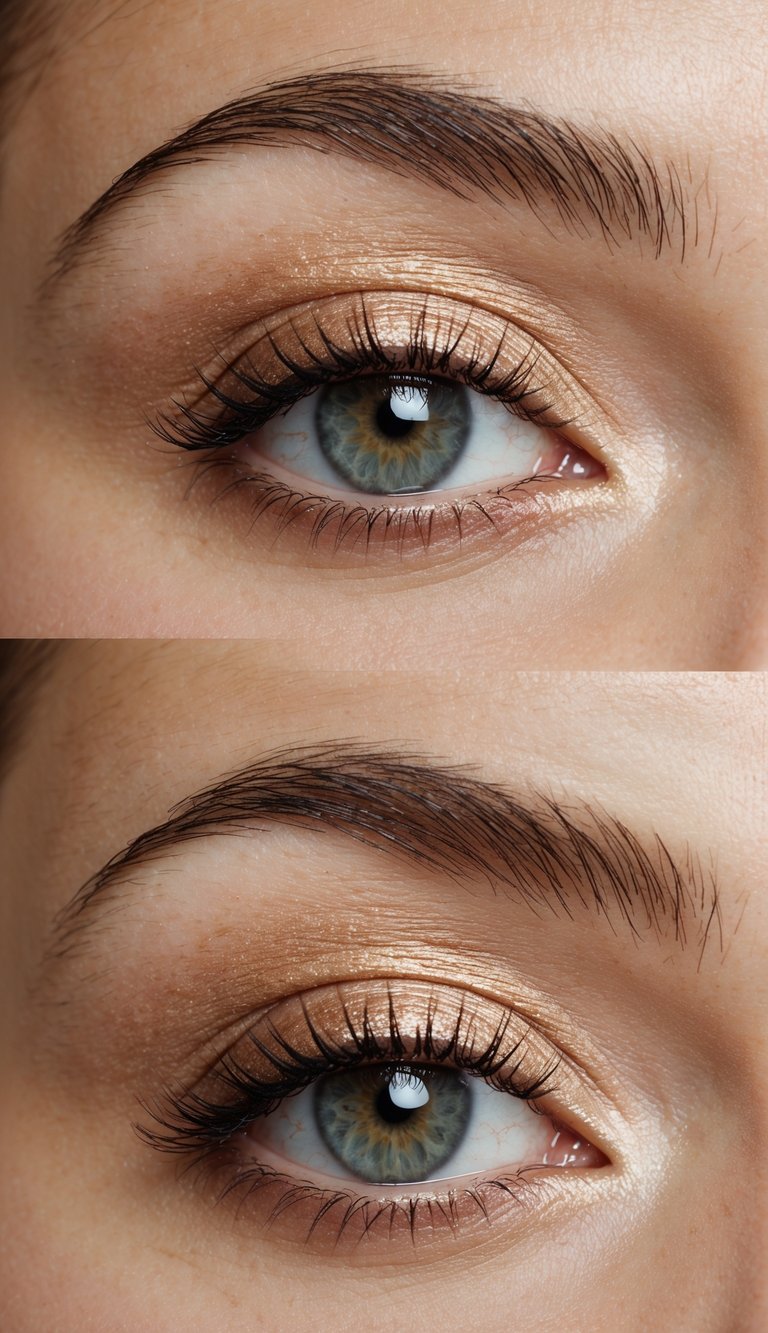 A close-up of a single eyelid with light pearl copper eyeshadow, creating a soft and luminous finish