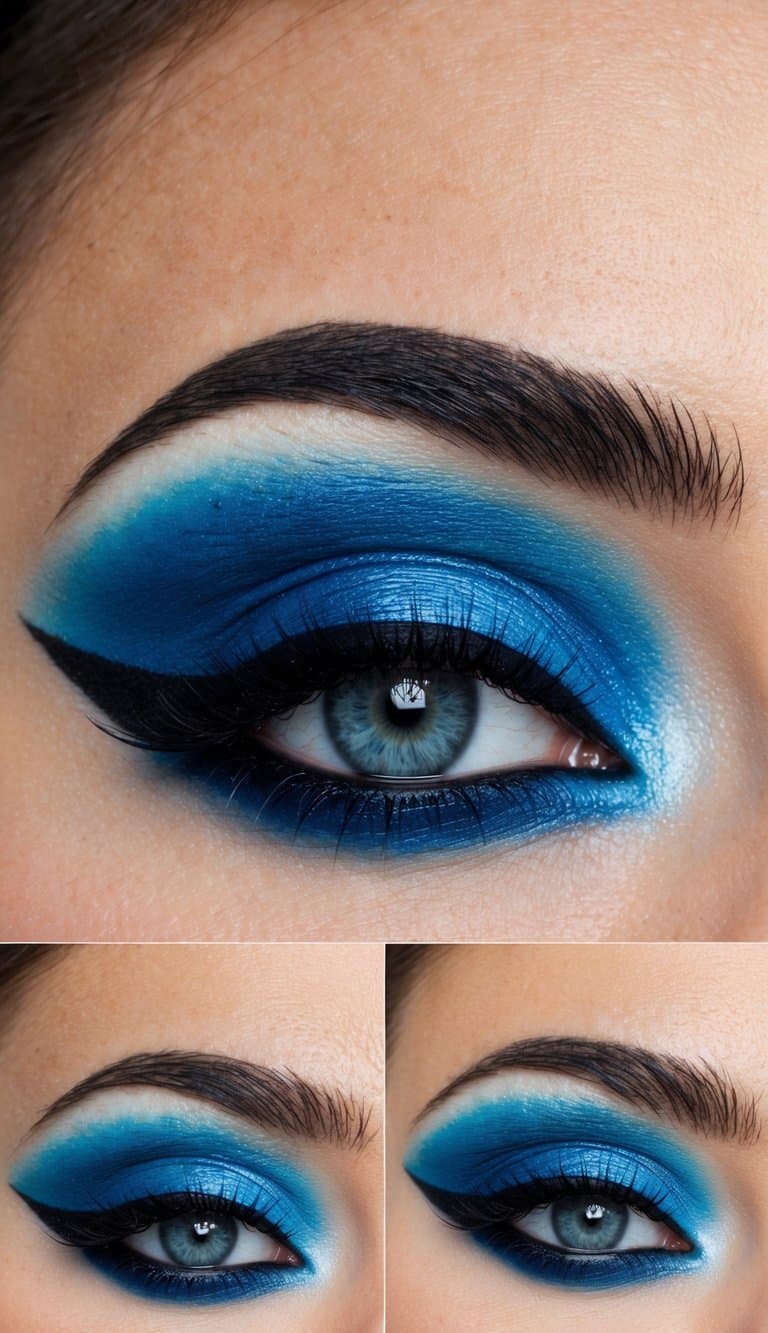 A gradient blue smokey eye with a sharp wing, showcasing bold and cool beauty