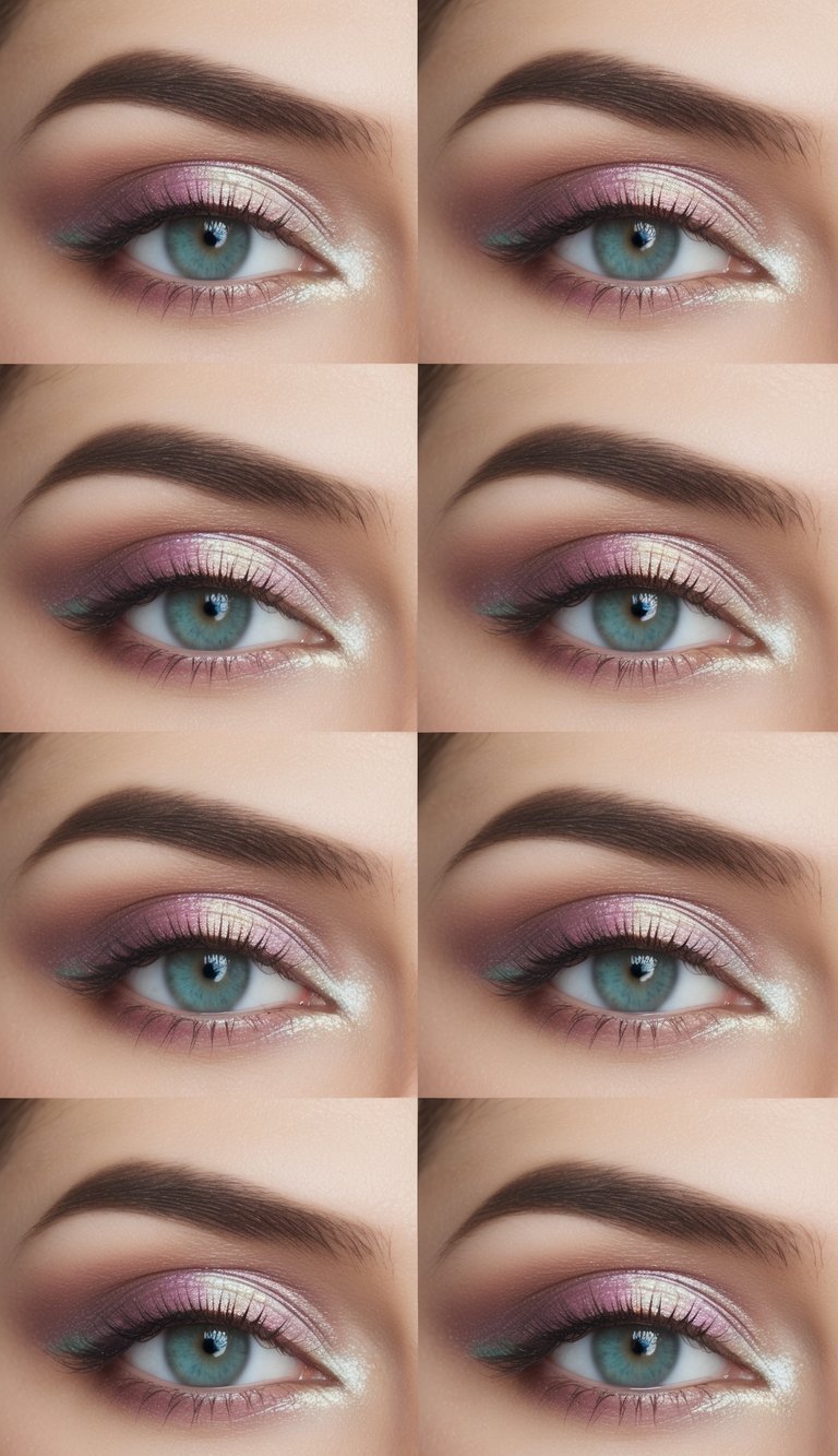 Soft, iridescent pearl mauve eye makeup designs arranged in a grid, each with a luminous finish