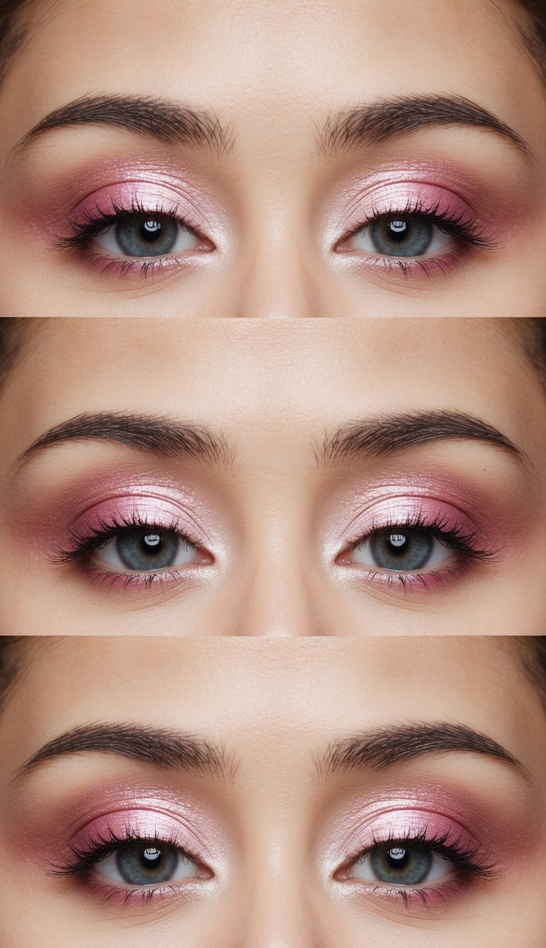 Soft pink eyeshadow blending into a luminous pearl shade, creating a delicate and elegant eye makeup look