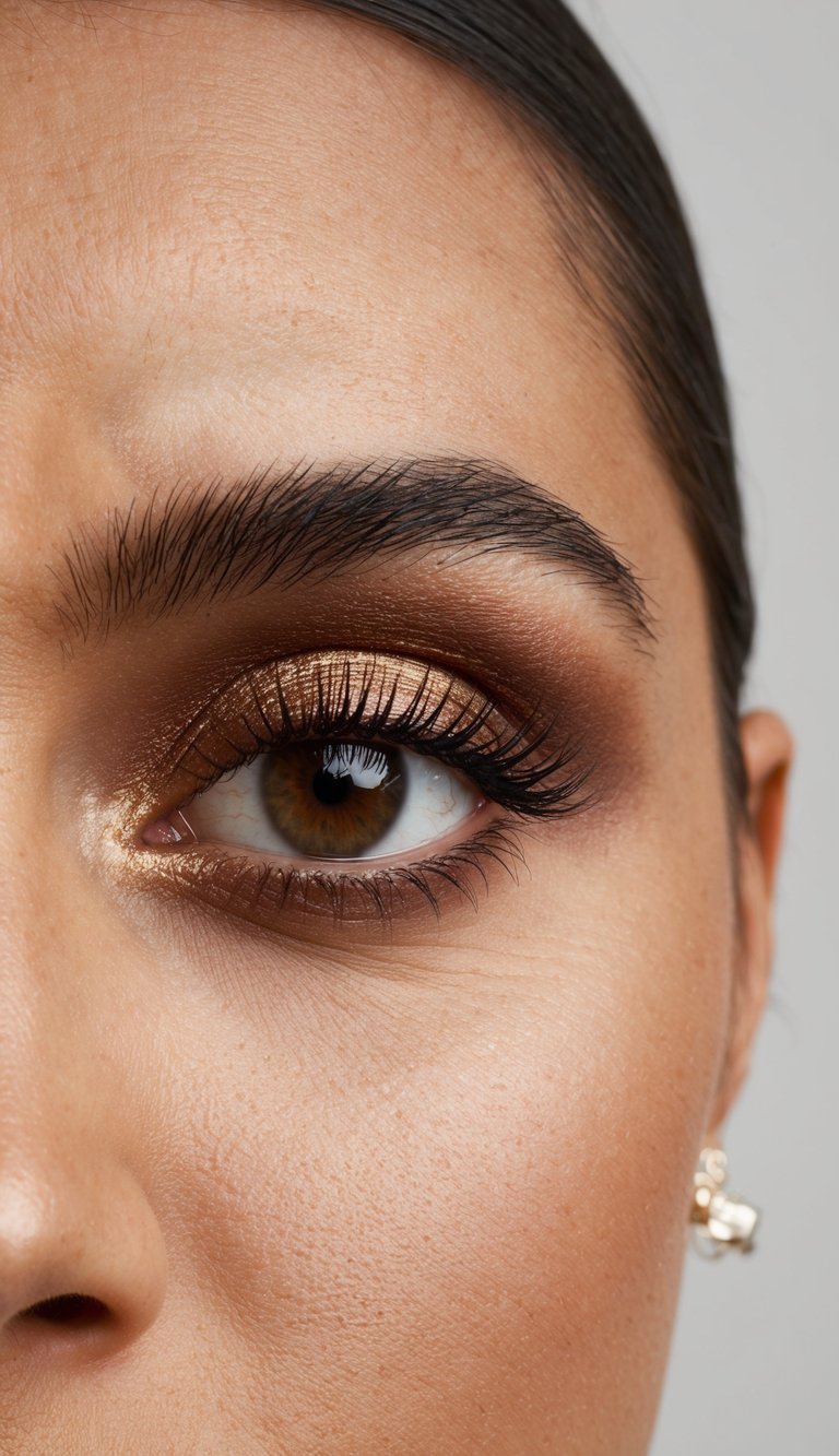 A close-up of a soft brown metallic eye makeup look on a clean, elegant background