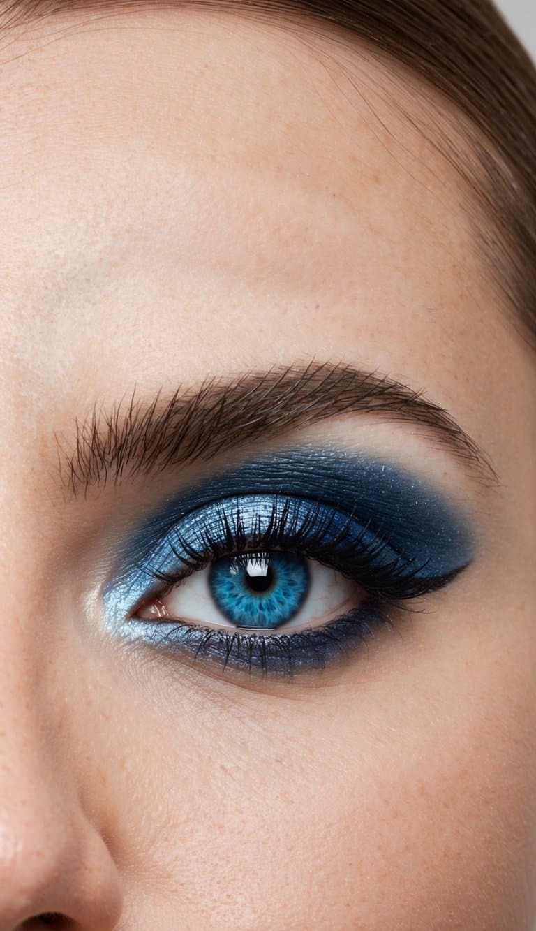 A close-up of a smokey eye with blue and silver pigments, showcasing bold and cool beauty