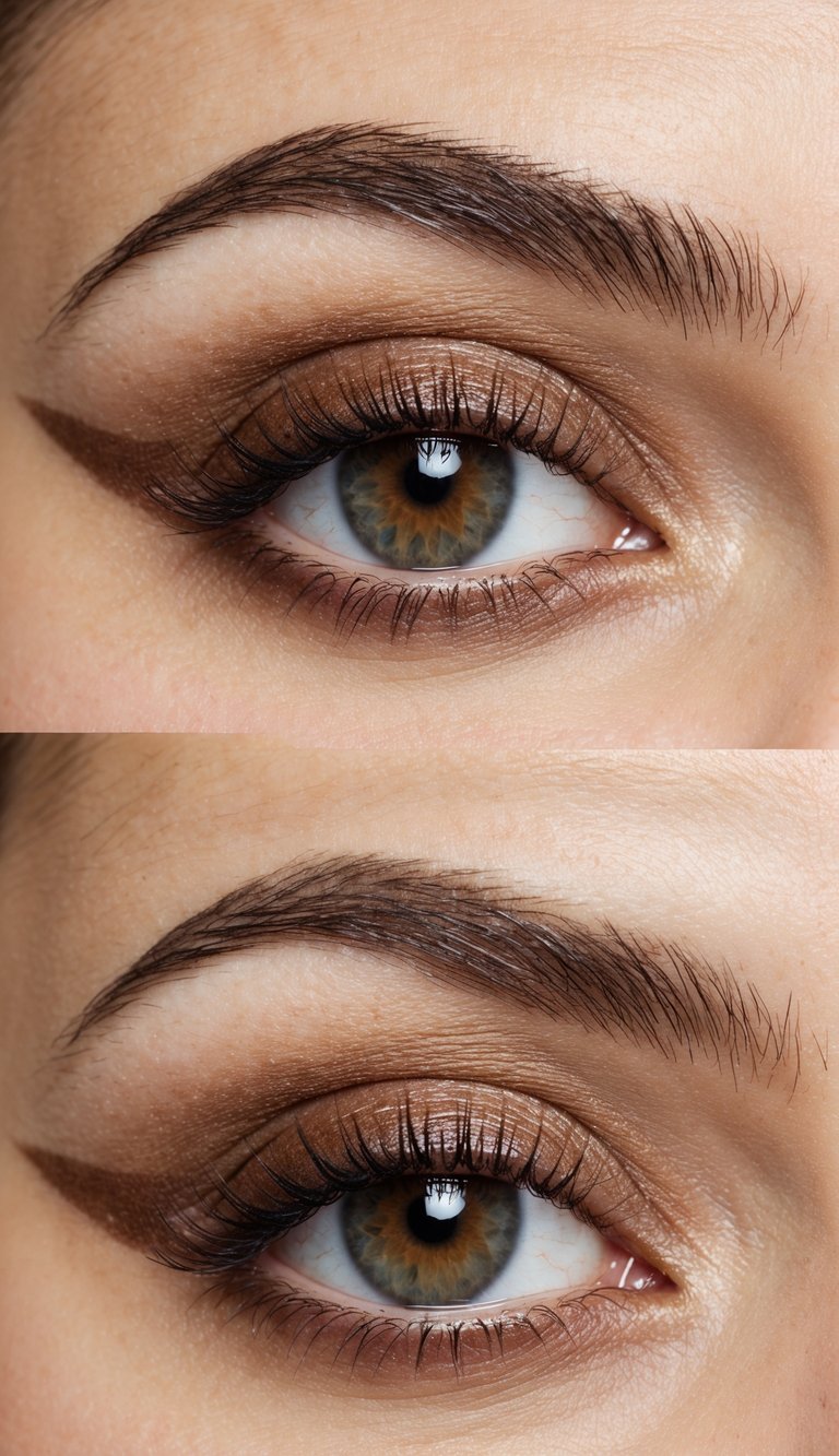 A close-up of an eye with a soft brown eyeshadow blending into a light chocolate color along the lash line