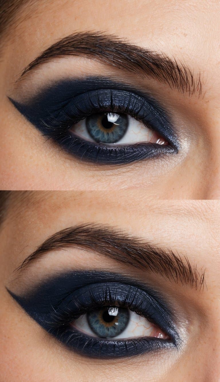 A close-up of an eye with navy blue and graphite eyeshadow, creating a bold and dramatic smokey eye look