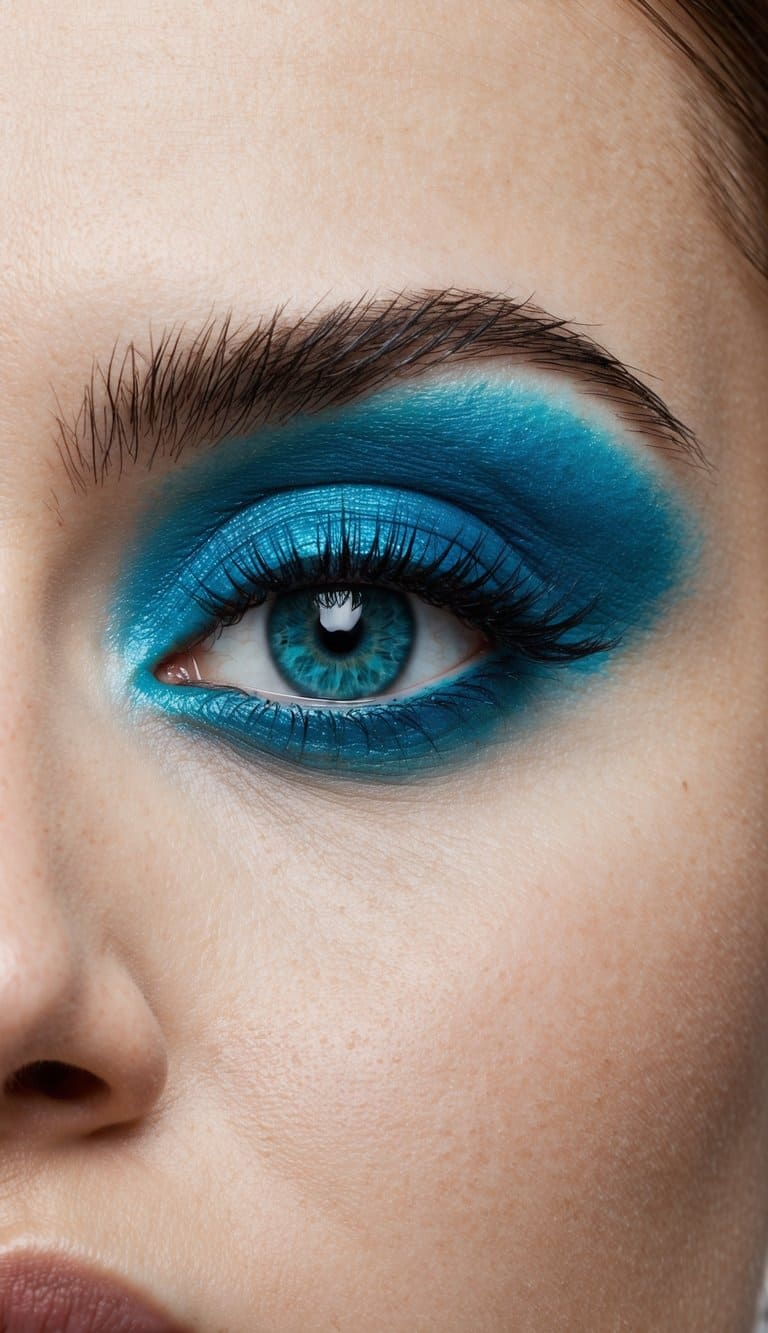A close-up of a blue smokey eye with a pop of turquoise eyeshadow, emphasizing bold and cool beauty
