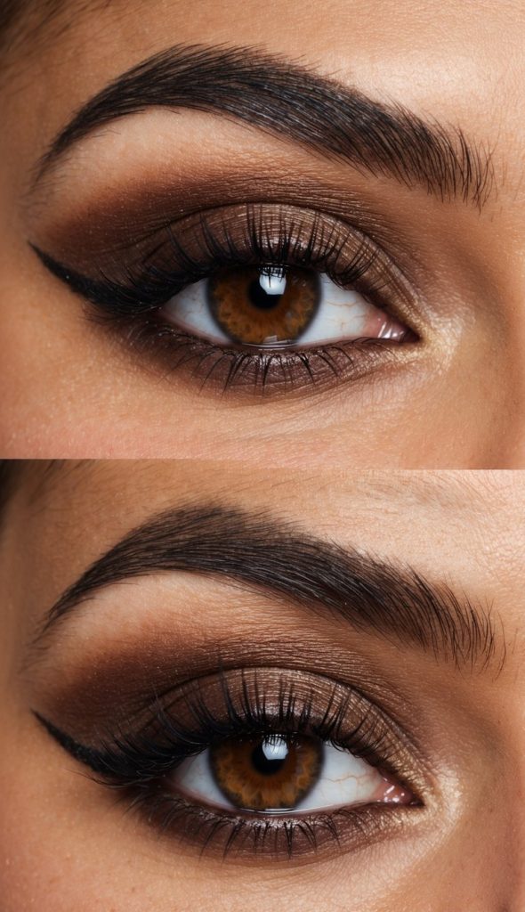 Close-up of two images showing an eye with elaborate makeup, featuring dark brown and gold eyeshadow, thick mascara, and perfectly shaped eyebrows.