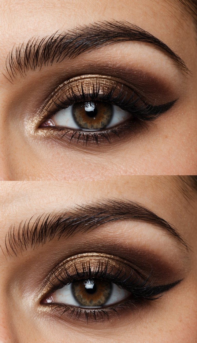 A close-up of an eye with a smoky brown eyeshadow look, featuring a touch of bronze shimmer on the lid