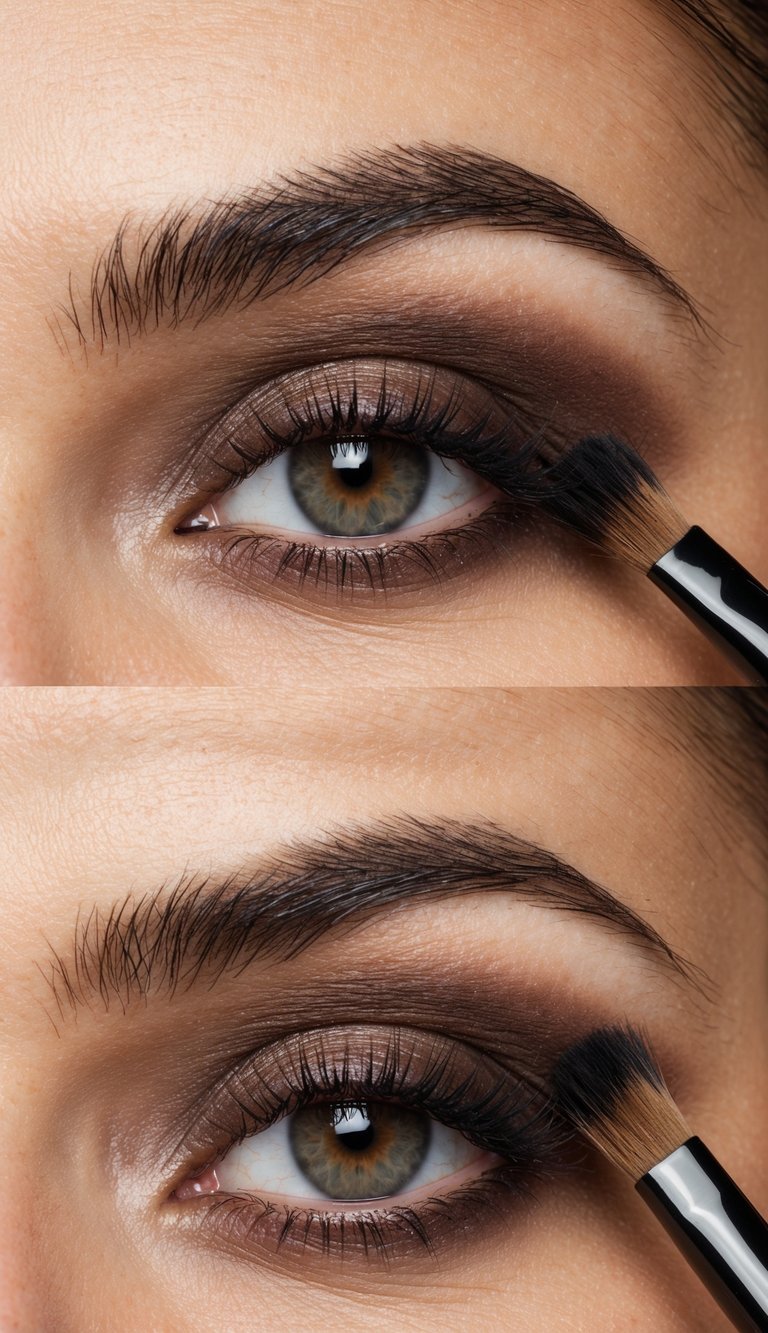 A close-up of an eye with smoky brown makeup, using a fluffy brush for seamless blending