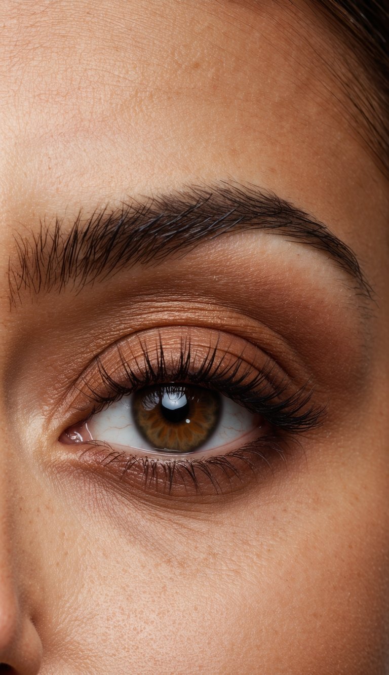 A close-up of a sultry eye with matte terracotta shadow, surrounded by smoky brown hues for a warm and alluring makeup style
