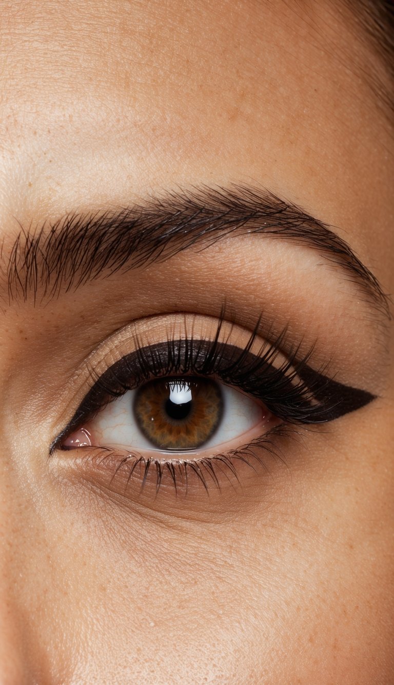 Dark brown eyeliner smudged along upper lash line on a warm, sultry backdrop