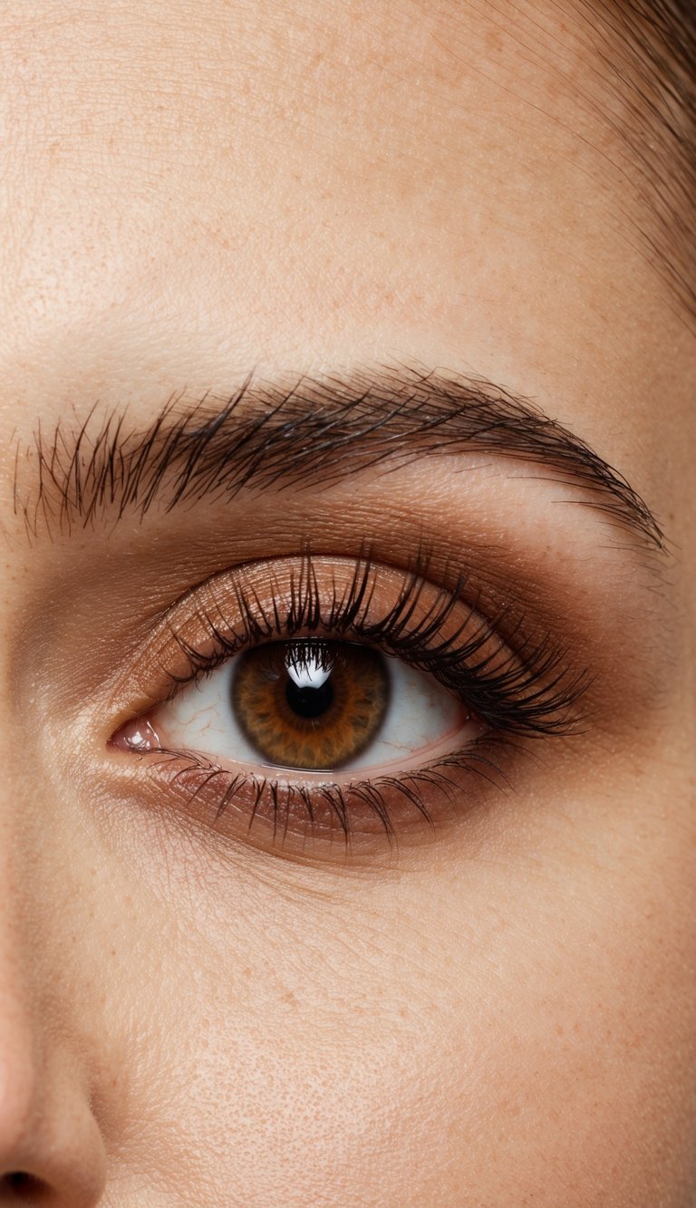 A close-up of an eye with warm tan eyeshadow layered under the lower lashes, creating a smoky brown makeup look