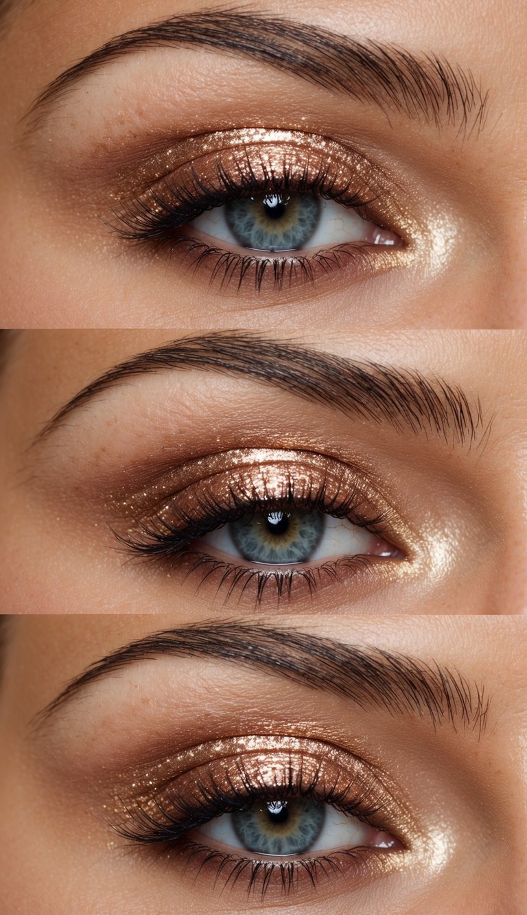 Eyelids glistening with rose gold shimmer, catching the light in a glamorous and radiant manner