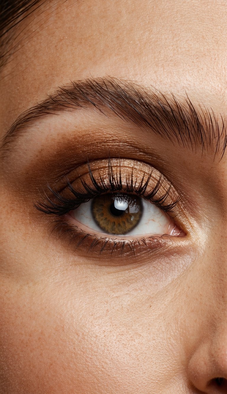 A close-up of an eyelid with a subtle shimmer in the center, surrounded by warm, smoky brown eyeshadow for a sultry vibe