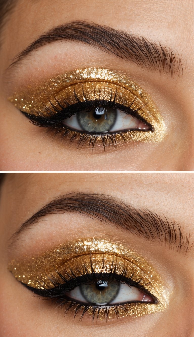 A close-up of a glittery gold cut crease eye makeup look with a glamorous and glowing effect
