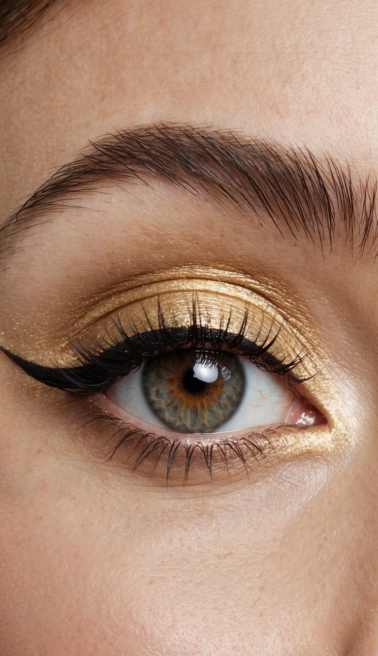 A close-up of a single eye with matte gold eyeshadow and winged liner, glowing with glamour