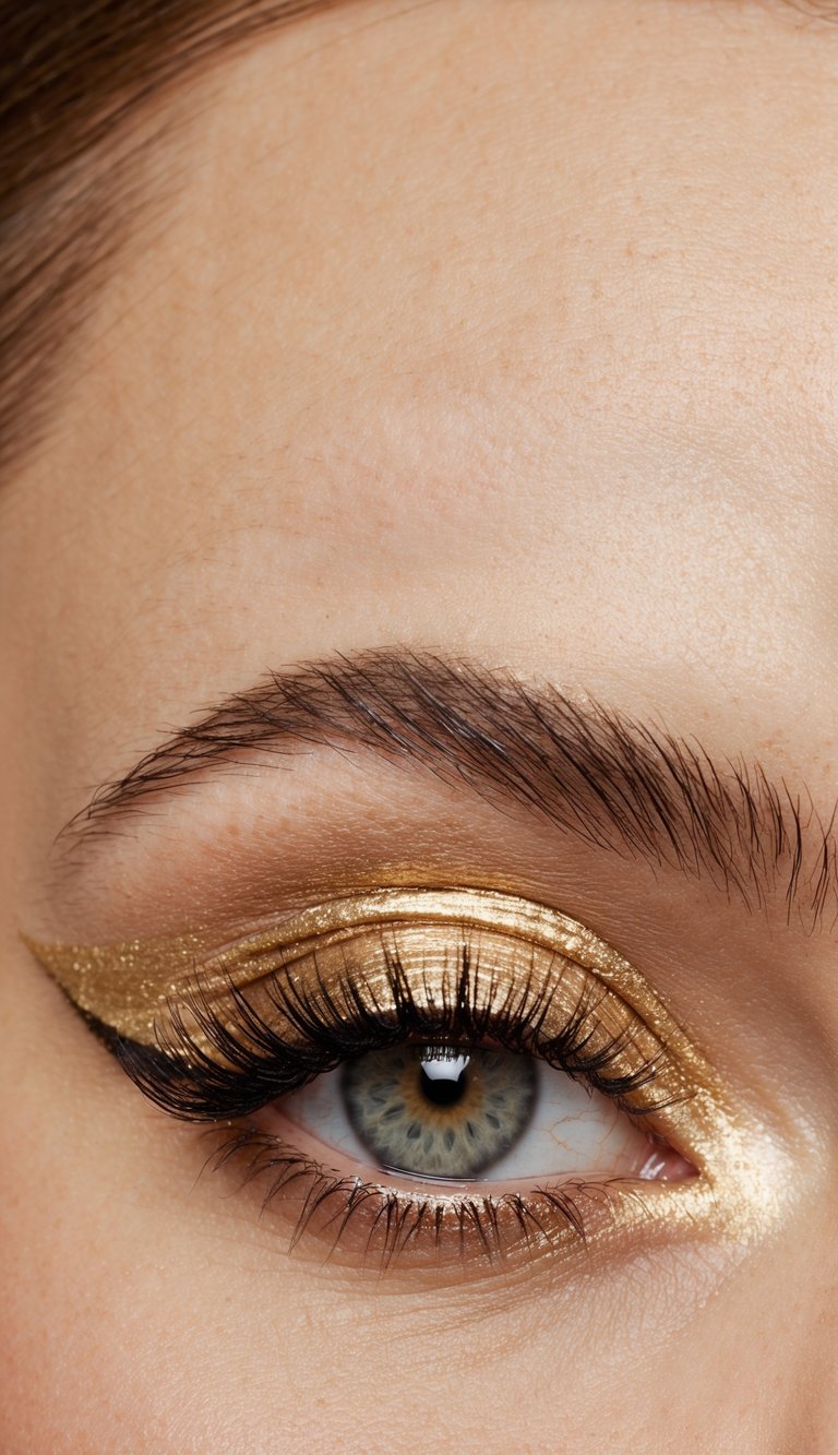 A close-up of an eyelid with a champagne gold inner corner highlight, surrounded by glamorous golden eye makeup