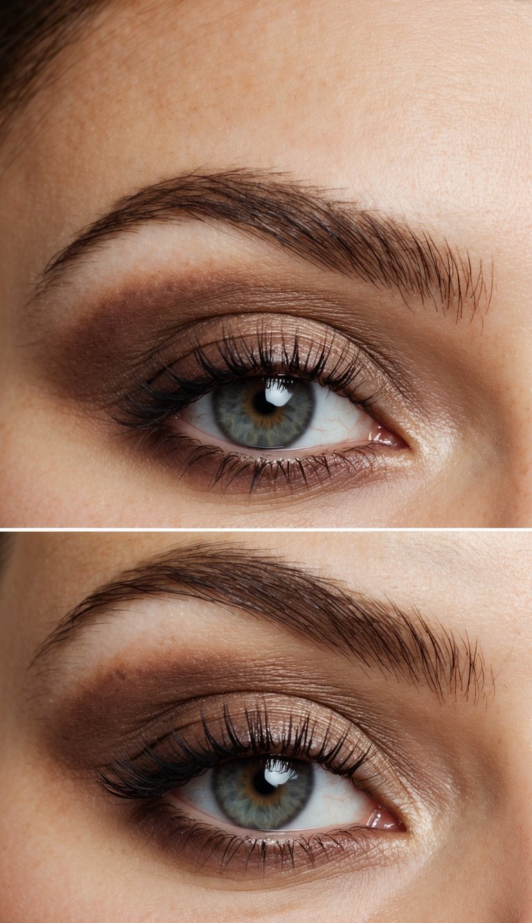A close-up of an eye with warm taupe shadow blending softly for a sultry, smoky look