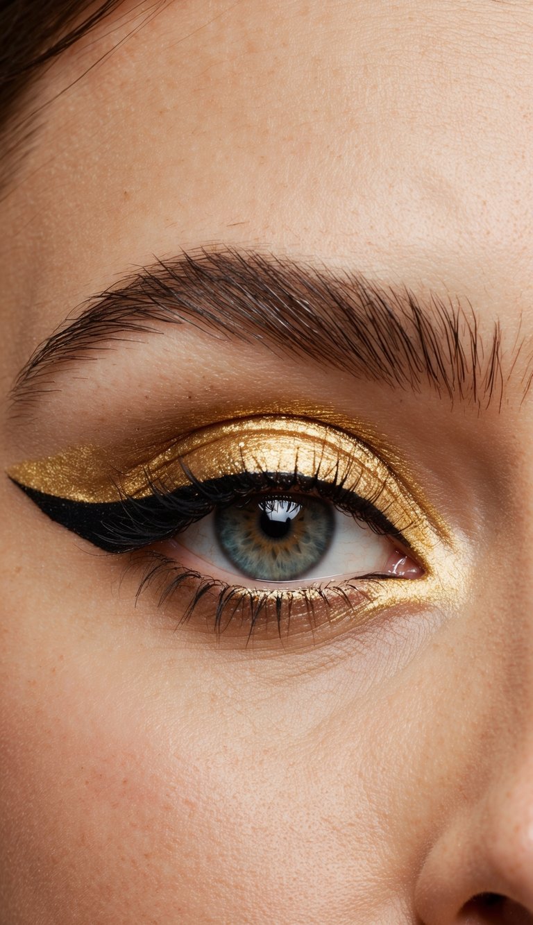 A bold gold eyeliner flick on an eye with shimmering golden eyeshadow