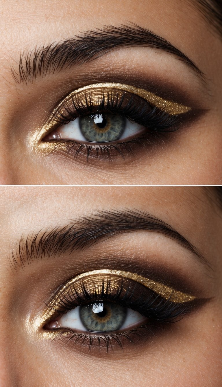 A close-up of a smoky brown eye with gold eyeshadow accents for extra glow