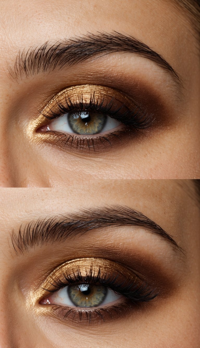 Warm gold and deep brown eye makeup on a smooth, unblemished surface with soft, diffused lighting