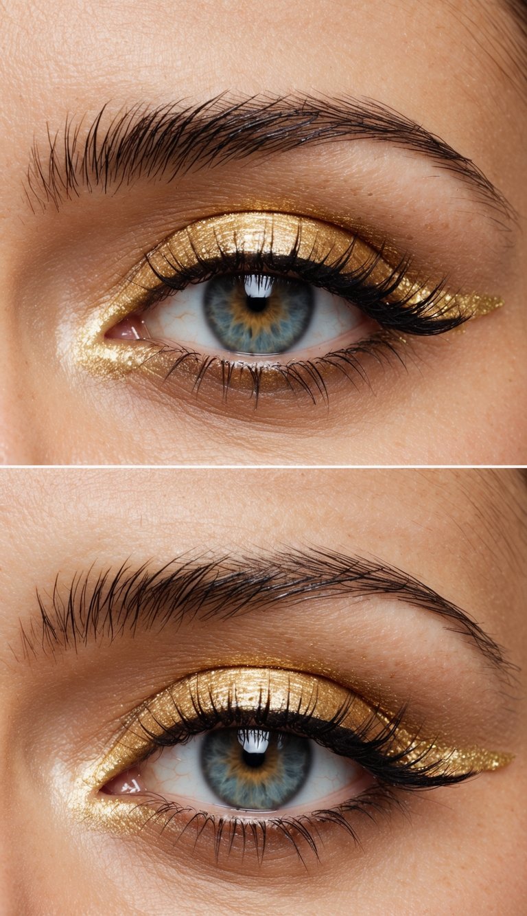 Golden shimmer lines the lower lash line, casting a radiant glow