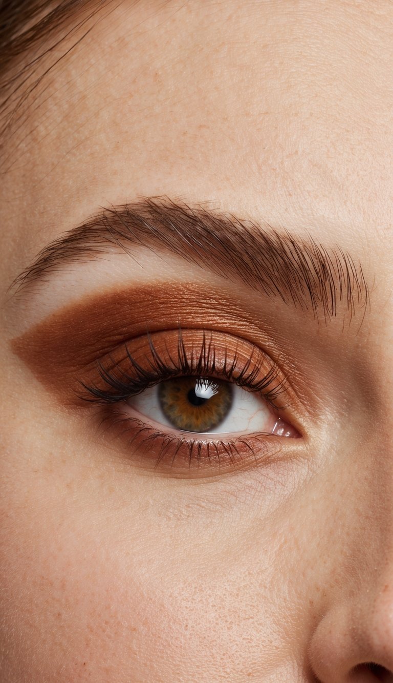 A close-up of an eyelid with a matte cinnamon shade blended into the crease