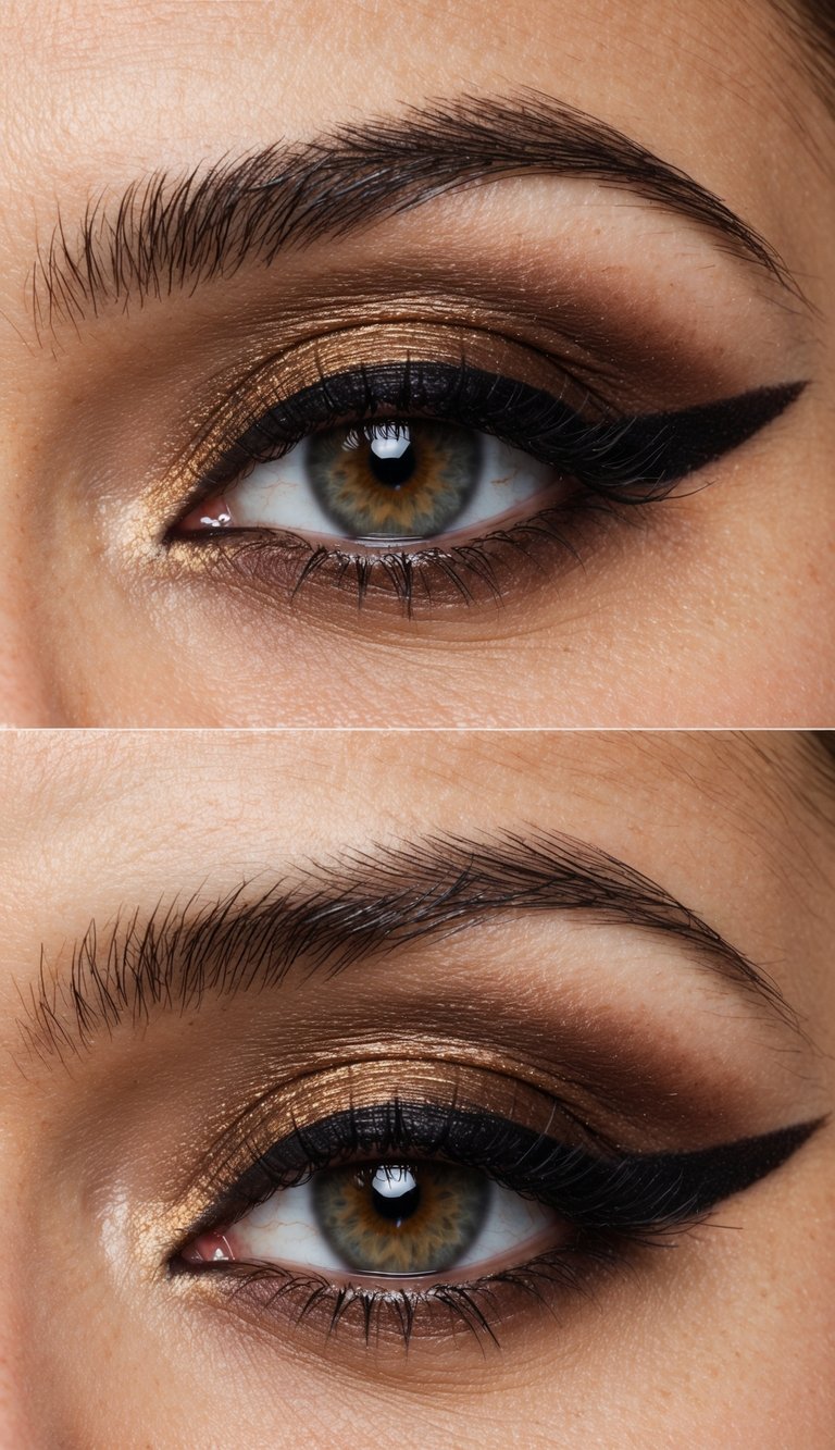 Burnt umber blended along the lower lash line for a sultry, smoky eye makeup look